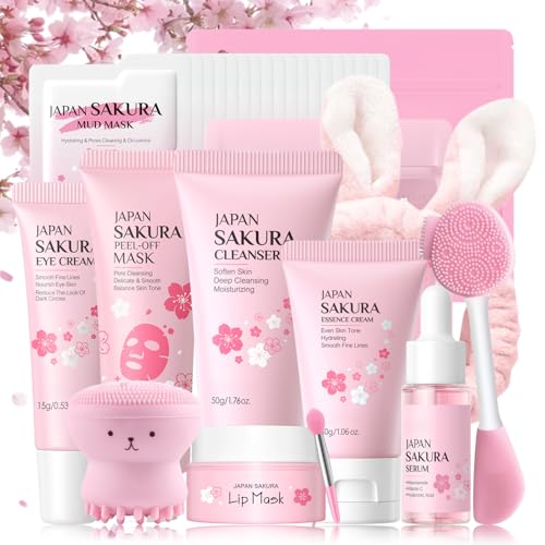Sakura Skincare Set Teenager Mädchen Geschenke - Geschenkset Frauen - Skin Care Set - Sanfte Reinigung & Nährend Gesichtspflege Set - Beauty Set Mädchen - Mit Schlammmaske,Serum,Creme,Bürste von MrCuvaryas