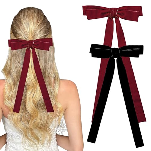 Schleife Haarspange - 2 Stück Lange Samt Haarschleifen Clips, französisch Haarspangen mit Großen Klammer und Bändern Haarschmuck für Frauen, Hochzeit, Haarreifen Weihnachten (Schwarz + Bordeaux) von MrCuvaryas