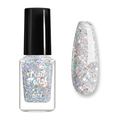 Silber Glitzer Nagellack - Glitzernagellack für schillernde Fingernägel, Langanhaltender schnelltrocknender Nagellack mit natürlichen Inhaltsstoffen - 6ml Holographic Glitter Nail polish (Silver) von MrCuvaryas