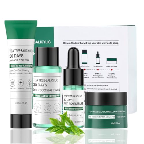 Teebaum Gesichtspflege Set Damen - Salicylsäure Skincare Set Teenager Mädchen - Anti Pickel Skin Care Set - Beauty Geschenkset Frauen mit Reiniger Gesichtswasser Serum Gesichtscreme (4 Stück) von MrCuvaryas