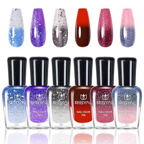 6 Farben Temperaturgesteuerter Farbwechsel Nagellack Set - Farbwechselnder Nagellack, Kein UV-Licht erforderlich Für Frauen & Mädchen DIY Nageldesigns, Rosa/Violett/Blau/Schwarz/Weiß/Rot (Colorful C) von MrCuvaryas