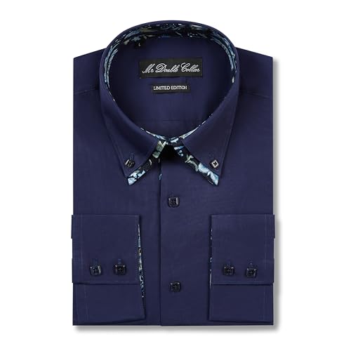 MrDoubleCollar Italian Design Langärmliges Hemd mit gelbem Blumenmuster und Doppelkragen, Marineblauer Blumenkragen, XL von MrDoubleCollar