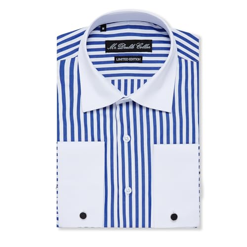 MrDoubleCollar Italienisches Design Herren-Langarmhemd, Weiß mit schwarzem Kontrast, Doppelkragen, Blaue Nadelstreifen, M von MrDoubleCollar
