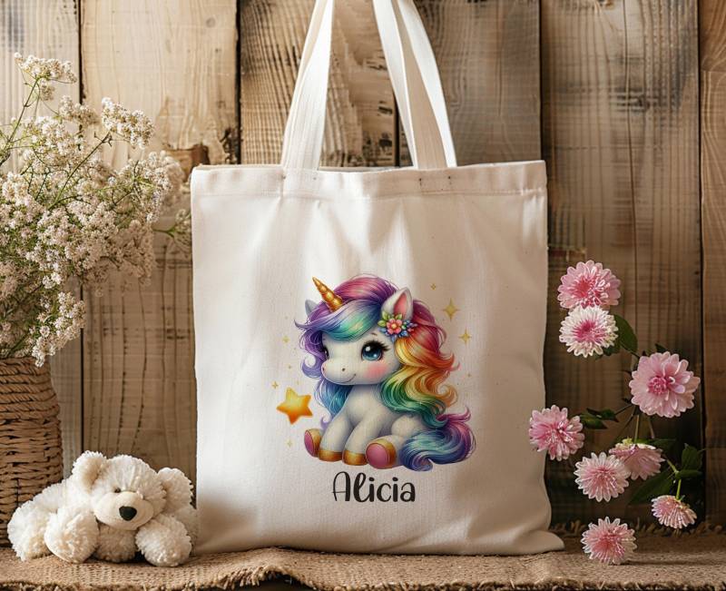 Baumwolltasche - Einhorn Sitzend Regenbogen Stofftasche Einkaufstasche Personalisiert Mit Name Lange Henkel Wechselkleidung von MrMrsPresentDE