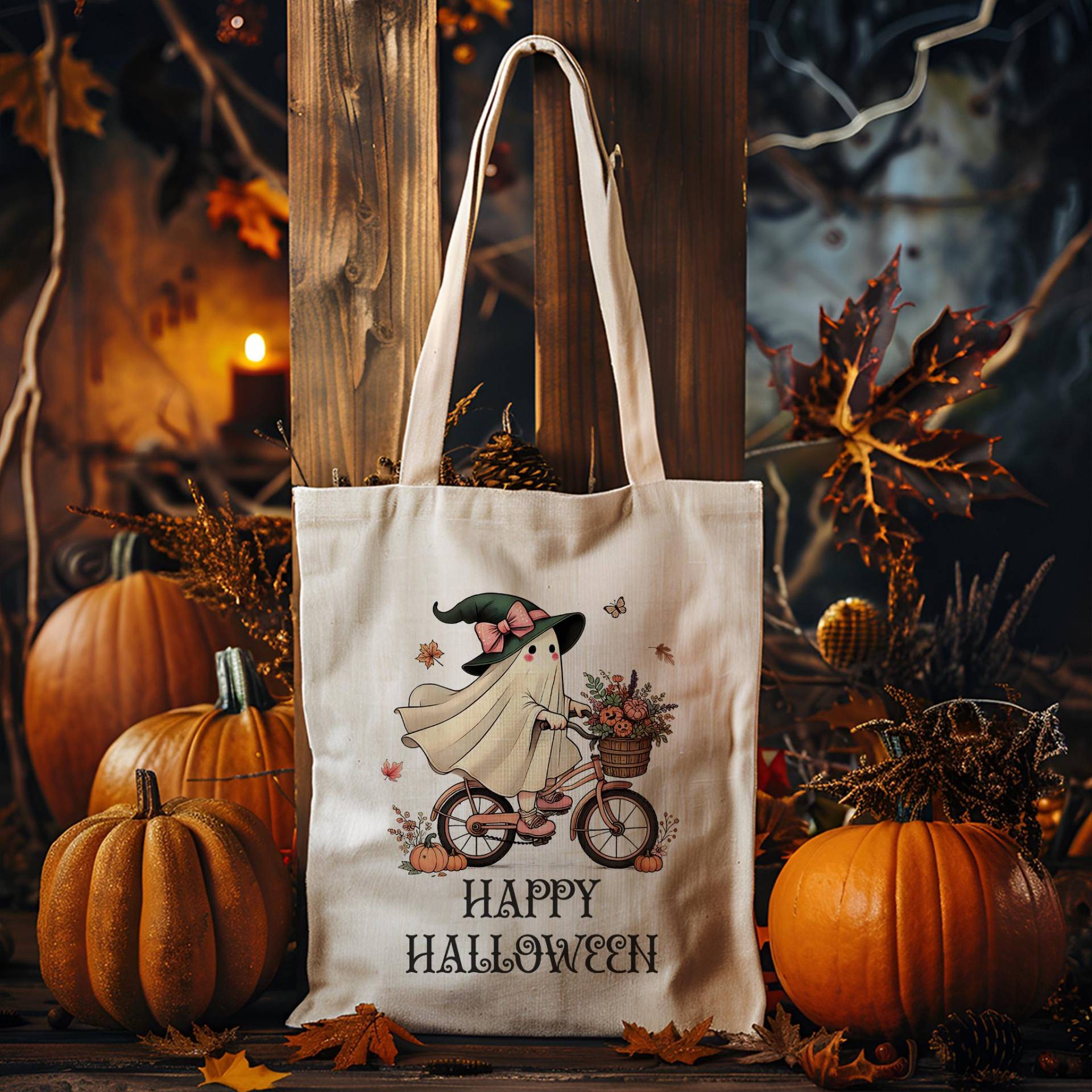 Baumwolltasche - Gespenst Auf Fahrrad Stofftasche Einkaufstasche Happy Halloween Sammeltasche von MrMrsPresentDE