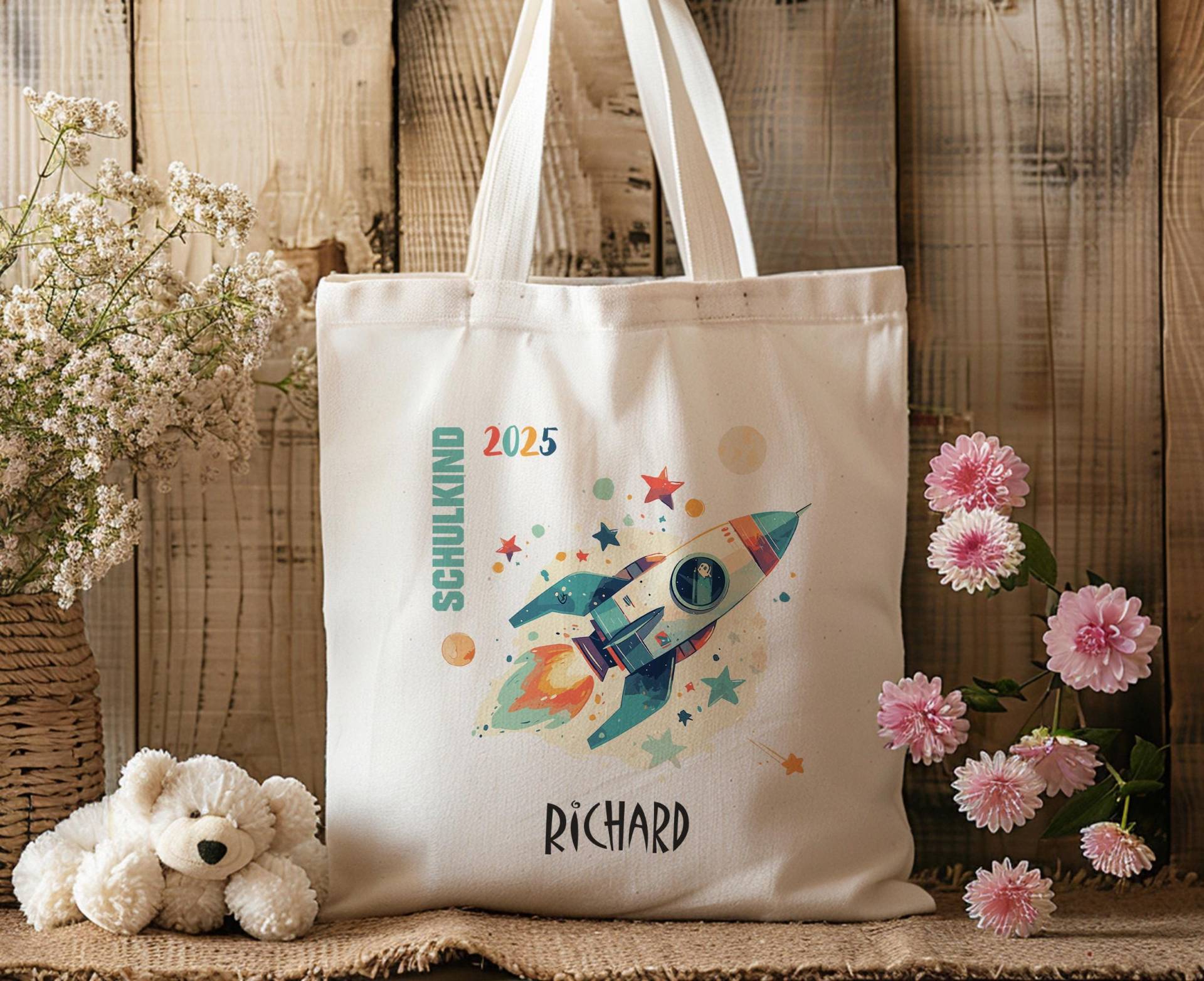 Baumwolltasche - Schulkind 2025 Rakete Stofftasche- Personalisiert- Mit Name- Kindergarten- Henkeltasche- Wechselkleidung- Einschulung von MrMrsPresentDE