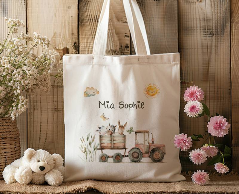 Baumwolltasche - Traktor Farmtiere Stofftasche Personalisiert Einkaufstasche Mit Name Wechselkleidung Bauernhof von MrMrsPresentDE
