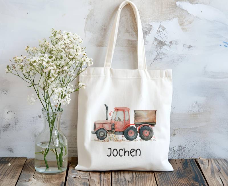 Baumwolltasche - Traktor Rot Farmleben Stofftasche Personalisiert Einkaufstasche Mit Name Wechselkleidung von MrMrsPresentDE