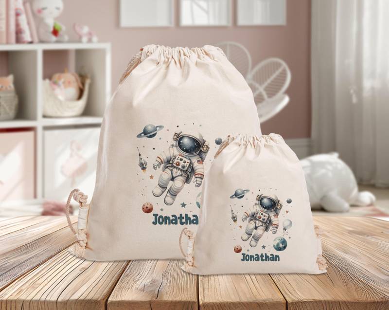 Personalisierter Turnbeutel- Astronaut - Planeten Weltall Kindergarten Schule Mit Name Sporttasche-Wechselkleidung -Einkaufstasche von MrMrsPresentDE