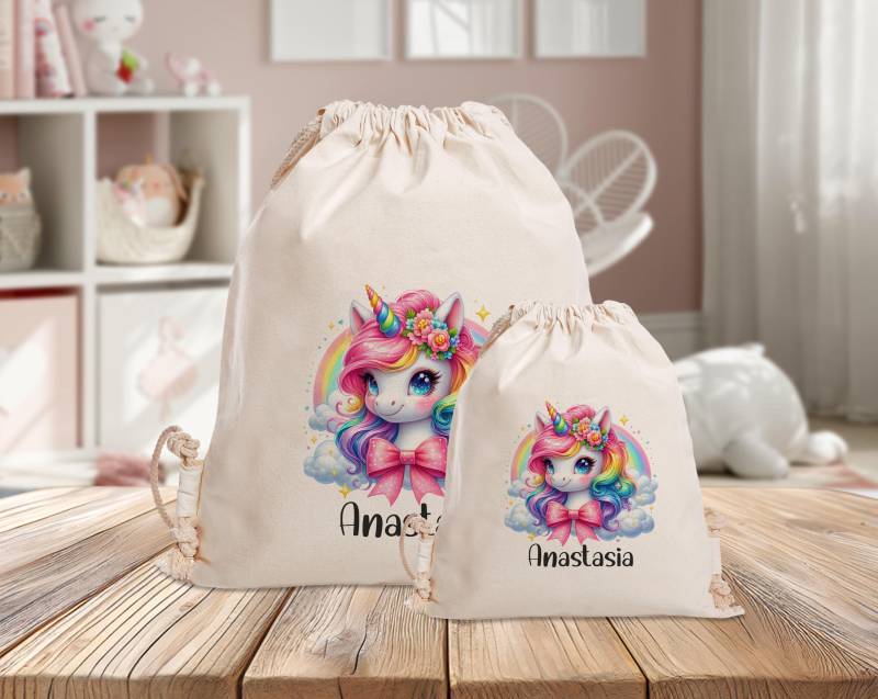 Personalisierter Turnbeutel - Einhorn in Den Wolken Regenbogen Kindergarten Schule Mit Name- Sporttasche Rucksack -Wechselkleidung von MrMrsPresentDE