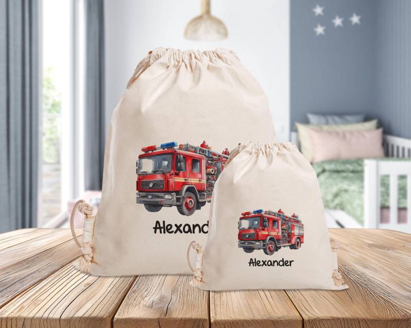 Personalisierter Turnbeutel - Feuerwehrwagen Kindergarten Schule Mit Name Sporttasche Wechselkleidung Gelb Groß Mini von MrMrsPresentDE