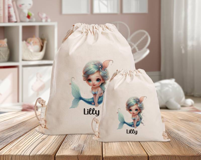 Personalisierter Turnbeutel - Meerjungfrau Blau Kindergarten Schule Mit Name Sporttasche Rucksack Wechselkleidung -Groß-Klein von MrMrsPresentDE
