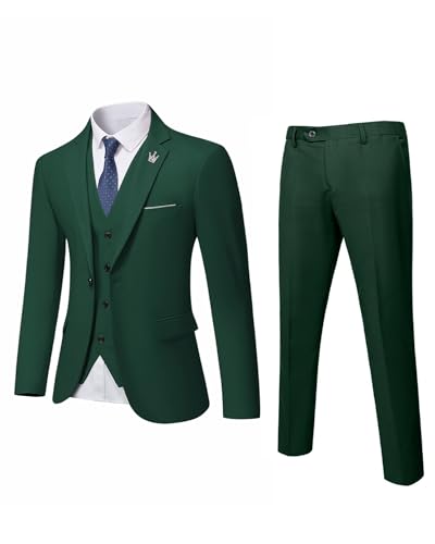 MrSure Herren 3 Stück Anzug Blazer, Slim Fit Tux mit Einem Knopf, Jacke Weste Hose & Krawatte Set für Party, Hochzeit und Business, Deep Green, L von MrSure