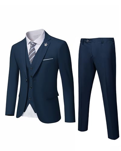 MrSure Herren 3 Stück Anzug Blazer, Slim Fit Tux mit Einem Knopf, Jacke Weste Hose & Krawatte Set für Party, Hochzeit und Business, dunkelblau, XL von MrSure