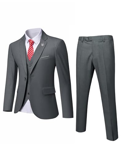 MrSure Herren 3 Stück Anzug Blazer, Slim Fit Tux mit Einem Knopf, Jacke Weste Hose & Krawatte Set für Party, Hochzeit und Business, dunkelgrau, XX-Large von MrSure