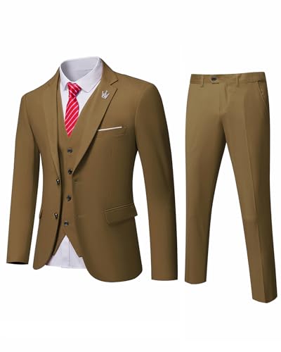 MrSure Herren 3 Stück Anzug Blazer Slim Fit Smoking mit 2 Knopf Jacke Weste Hose Krawatte Set für Party, Hochzeit und Business, Khaki, S von MrSure