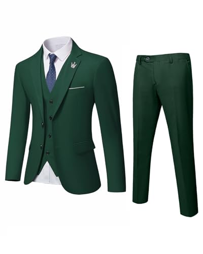 MrSure Herren 3 Stück Anzug Blazer Slim Fit Smoking mit 2 Knopf Jacke Weste Hose Krawatte Set für Party, Hochzeit und Business, dunkelgrün, 3XL von MrSure