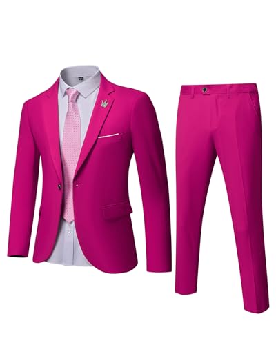 MrSure Herren 3 Stück Anzug Blazer Slim Fit Smoking mit Einem Knopf Jacke Weste Hose Krawatte Set für Party, Hochzeit und Business, Fuchsia, XS von MrSure