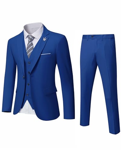 MrSure Herren 3 Stück Anzug Blazer Slim Fit Smoking mit Einem Knopf Jacke Weste Hose Krawatte Set für Party, Hochzeit und Business, Königsblau, L von MrSure