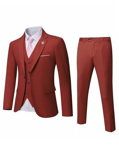 MrSure Herren 3 Stück Anzug Blazer Slim Fit Smoking mit Einem Knopf Jacke Weste Hose Krawatte Set für Party, Hochzeit und Business, Ziegelrot, M von MrSure