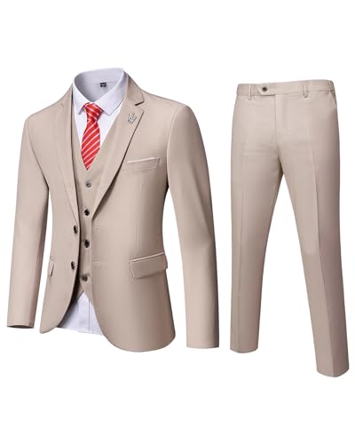 MrSure Herren 3 Stück Anzug Blazer Slim Fit Tux mit 2 Knöpfen Jacke Weste Hose & Krawatte Set für Party, Hochzeit und Business, beige, M von MrSure