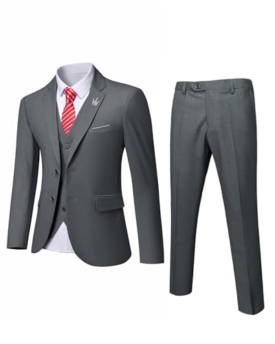 MrSure Herren 3 Stück Anzug Blazer Slim Fit Tux mit 2 Knöpfen Jacke Weste Hose & Krawatte Set für Party, Hochzeit und Business, dunkelgrau, L von MrSure