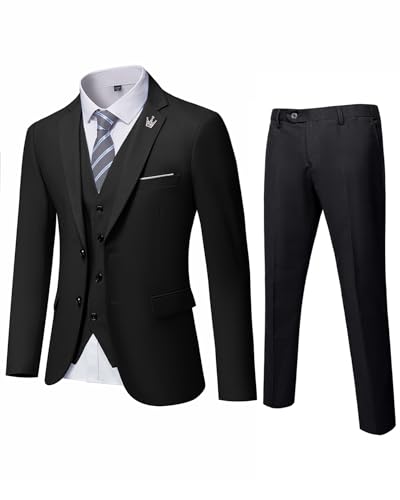 MrSure Herren 3 Stück Anzug Blazer Slim Fit Tux mit 2 Knöpfen Jacke Weste Hose & Krawatte Set für Party, Hochzeit und Business, schwarz, M von MrSure