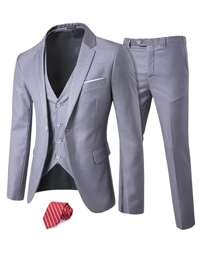 MrSure Herren 3-teiliger Anzugblazer, Slim Fit Smoking mit einem Knopf, Jacke, Weste, Hose & Krawatte Set für Party, Hochzeit und Business, Hellgrau, L von MrSure