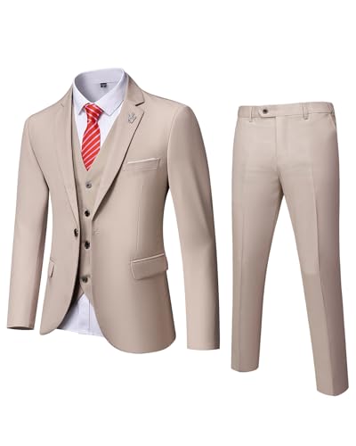 MrSure Herren 3-teiliger Anzugblazer, Slim Fit Smoking mit einem Knopf, Jacke, Weste, Hose & Krawatte Set für Party, Hochzeit und Business, Beige, S von MrSure