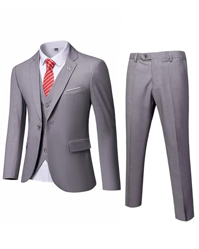 MrSure Herren 3-teiliger Anzugblazer, Slim Fit Smoking mit einem Knopf, Jacke, Weste, Hose & Krawatte Set für Party, Hochzeit und Business, Hellgrau, XS von MrSure