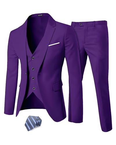 MrSure Men’s 3 Piece Suit Blazer, Slim Fit Tux with One Button, Jacket Vest Pants & Tie Set for Party, Wedding and Business Deep Purple von MrSure
