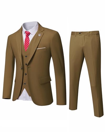 MrSure Men’s 3 Piece Suit Blazer, Slim Fit Tux with One Button, Jacket Vest Pants & Tie Set for Party, Wedding and Business Khaki von MrSure