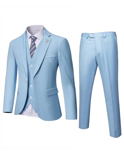 MrSure Men’s 3 Piece Suit Blazer, Slim Fit Tux with One Button, Jacket Vest Pants & Tie Set for Party, Wedding and Business Sky von MrSure