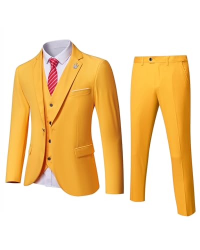 MrSure Men’s 3 Piece Suit Blazer, Slim Fit Tux with One Button, Jacket Vest Pants & Tie Set for Party, Wedding and Business Yellow von MrSure