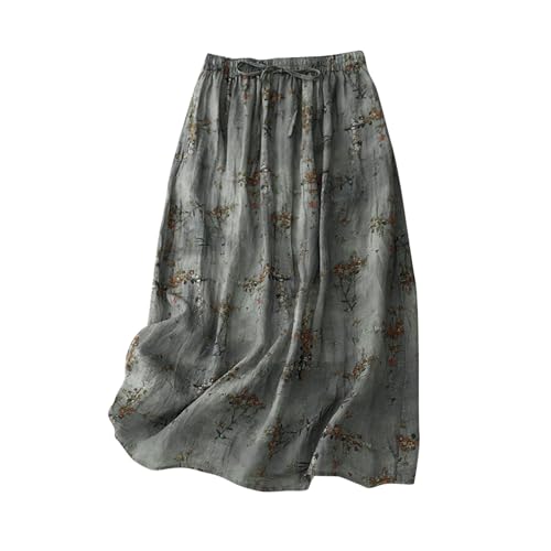 Damen Maxiröcke Blumendruck Rock Baumwolle Leinen Röcke A Linie Swing Rock Hohe Taille Rock Damen Elegant Midi Rock Lose Enge Rock Ausgestellter Boho Rock Slim Fit Doppellagiger Rock Ausgehen, Grau von Mrat