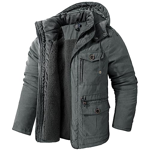 Herrenjacken, Baumwoll-Fleece-Innenmantel mit Kapuze, dick, warm, Reißverschluss, mehrere Taschen, lässig, atmungsaktiv, einfarbig, Herbst, Winter, Sweatshirt, lockere bequeme Jacken, Übergrößen, Grau von Mrat