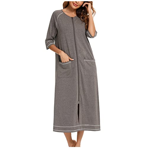 Mrat Damen-Nachthemd, Baumwolle, Morgenmantel, 3/4-Ärmel, knielang, Nachtwäsche, leicht, einfarbig, Loungewear, warme Nachthemden, gemütlicher Kimono, Bademantel, Hauskleidung, Ausverkauf, Dunkelgrau von Mrat