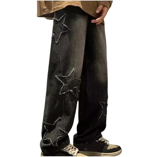 Mrat Herren Jeans Y2k Hip Hop Baggy Pants Straight Leg Stars Graphic Denim Hose Vintage High Waist Hose Emo Grunge Pants Taschen Streetwear Dance Skate Biker Jeans Loose Casual Stretch Pants, Schwarz von Mrat