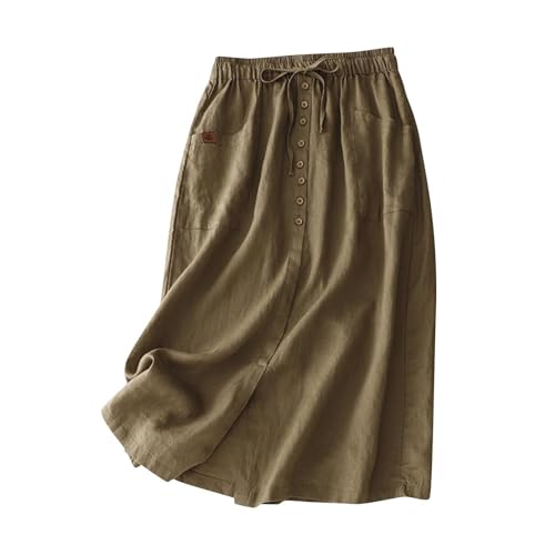 Mrat Leinenröcke für Damen, Sommer, A-Linie, fließend, lässig, Kordelzug, elastisch, hohe Taille, Knopfleiste, Midi-Röcke mit Schlitz, Baumwoll-Leinen, Swing-Rock, Ausgehen, Arbeit, Büro, Verkauf von Mrat