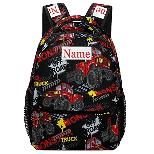 Mraxovid Personalisierbarer Rucksack mit Namen Benutzerdefinierte Kinder Schultasche Jungen Mädchen Teenager Rucksack mit Brustgurt, Monster Truck Rucksack-1 von Mraxovid