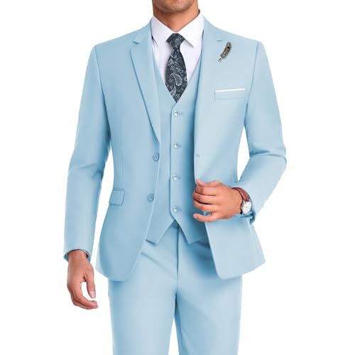 High-End Suits 3 Stück Herren Anzug Set Slim Fit Groomsmen/Prom Anzug für Männer Zwei Knöpfe Business Anzug Jacke Weste Hose und Krawatte, Himmelblau, XL von Mrbuerly
