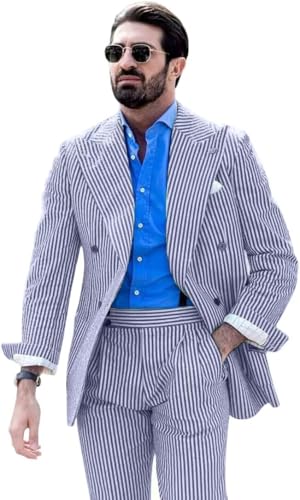 Mrbuerly Herren gestreifte Seersucker Anzüge 2 Stück Slim Fit Hochzeit Smoking Sommer Strand Freizeit Anzüge Sets, Blau, L von Mrbuerly