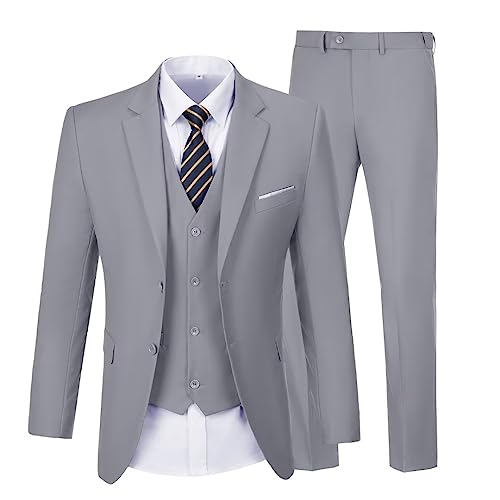 Mrbuerly Herrenanzug, schmale Passform, 3-teiliges Set, Hochzeit, Business-Anzüge für Herren, einfarbig, formeller Abschlussball, Smoking, Weste und Hosen, Hellgrau, M von Mrbuerly