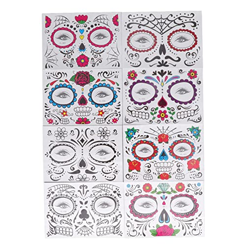 Mrisata Halloween Gesicht Tattoo Sticker 8 Blatt Wasserverbund Temporäre Gesicht Tattoo Sticker Set Einzigartige Muster Helle Farben Hautfreundlich Für Halloween Partys Feste Karneval von Mrisata