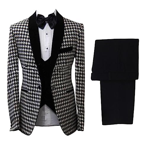 Mrjitor Herren 3-teiliger (Hahnentritt-Blazer) Anzug EIN-Knopf-Smoking Schwarzer Samt-Schal-Revers,Weste und Hose von Mrjitor