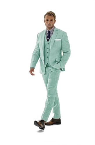 Herren 3 Stück Leinen Anzug Casual Slim Fit Anzüge Retro Hochzeit Abschlussball Smoking Sommer Strand Party Blazer Weste Hosen Set, Hellgrün, M von Mrkotyin