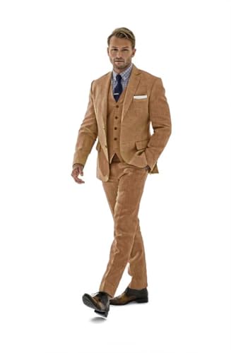 Herren 3 Stück Leinen Anzug Casual Slim Fit Anzüge Retro Hochzeit Abschlussball Smoking Sommer Strand Party Blazer Weste Hosen Set, Khaki, XL von Mrkotyin