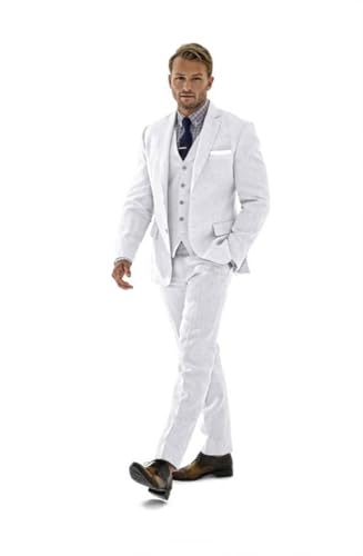 Herren 3 Stück Leinenanzug Casual Slim Fit Anzüge Retro Hochzeit Abschlussball Smoking Sommer Strand Party Blazer Weste Hosen Set, Weiss/opulenter Garten, XL von Mrkotyin