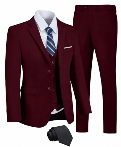 Mrkotyin Herrenanzüge, 3-teilig, schmale Passform, 2 Knöpfe, Business-Anzug, Abschlussball, formeller Anzug, Blazer, Jacke, Weste, Hose, Set mit Krawatte, Burgunder, 3XL von Mrkotyin