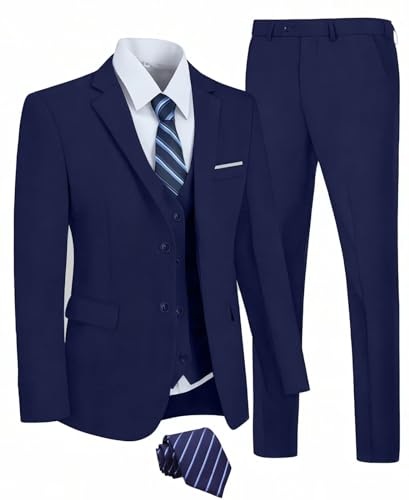 Herrenanzüge 3-teilig Slim Fit Anzug 2 Knöpfe Business Abschlussball Formal Anzug Blazer Jacke Weste Hosen Set, Marineblau, 3XL von Mrkotyin